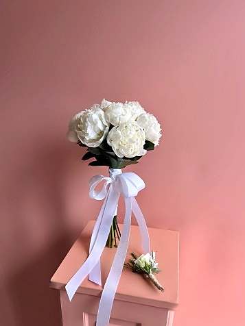 10 Adet Beyaz Şakayık Gelin Buketi & Damat Yaka Çiçeği